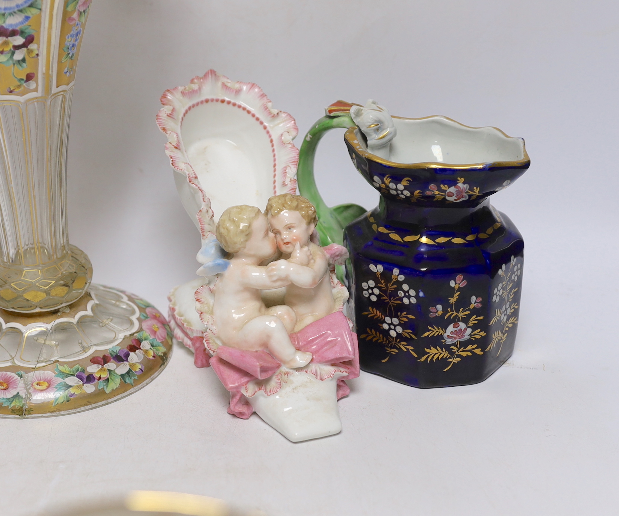 A Bohemian enamelled glass vase, with mixed 19th century and later English and continental pottery